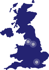 A map of the UK showing Oldham, Bradford and London highlighted