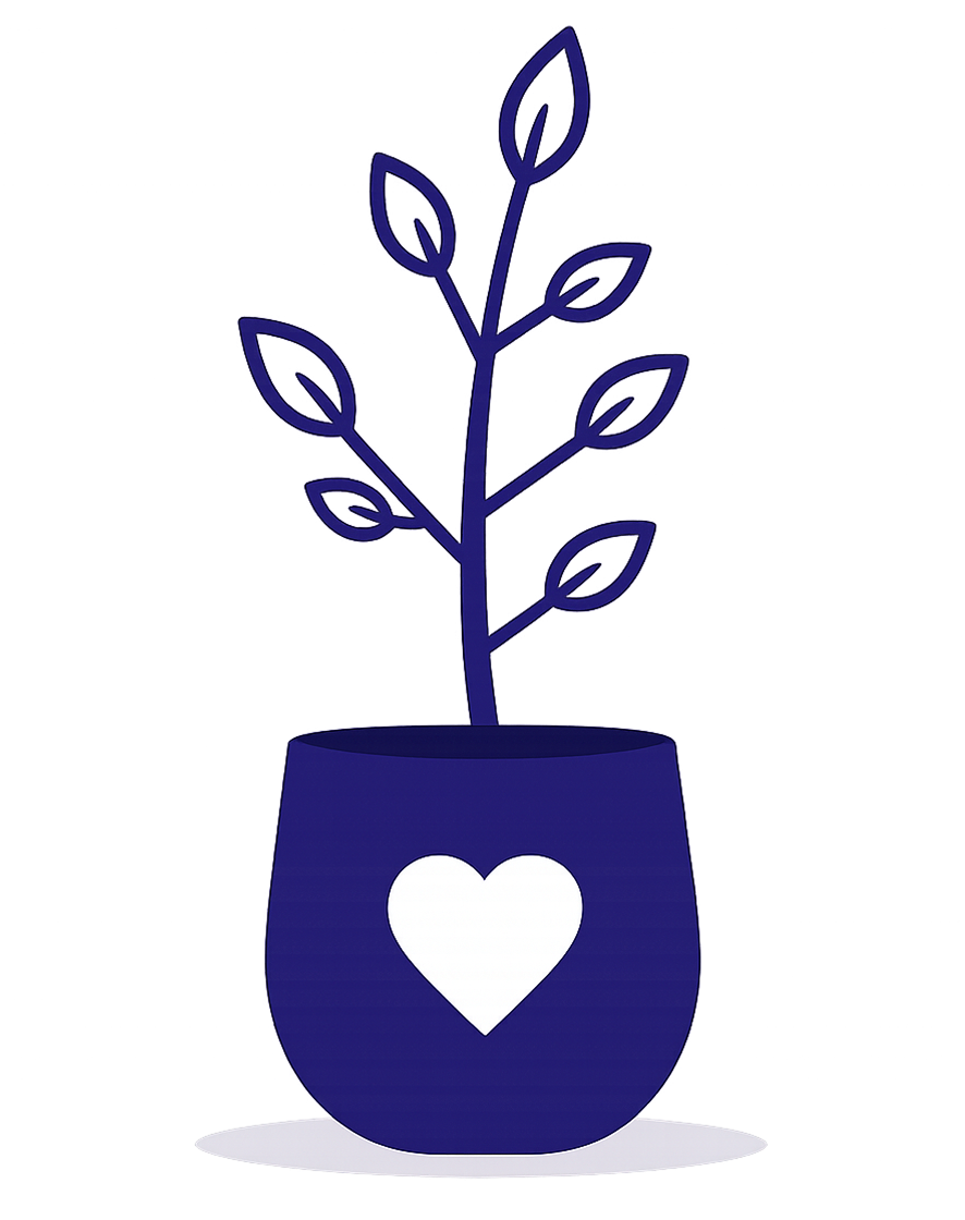 An image of a plant in a plant pot with a heart on. 